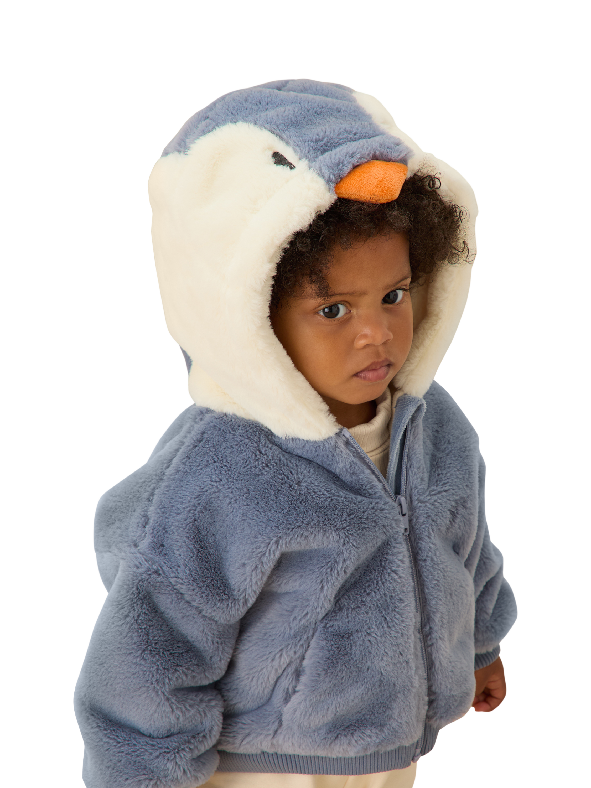 Product image 2 of 4, which shows MORI Baby Penguin Fur Jacket, Blue, 18-24 months