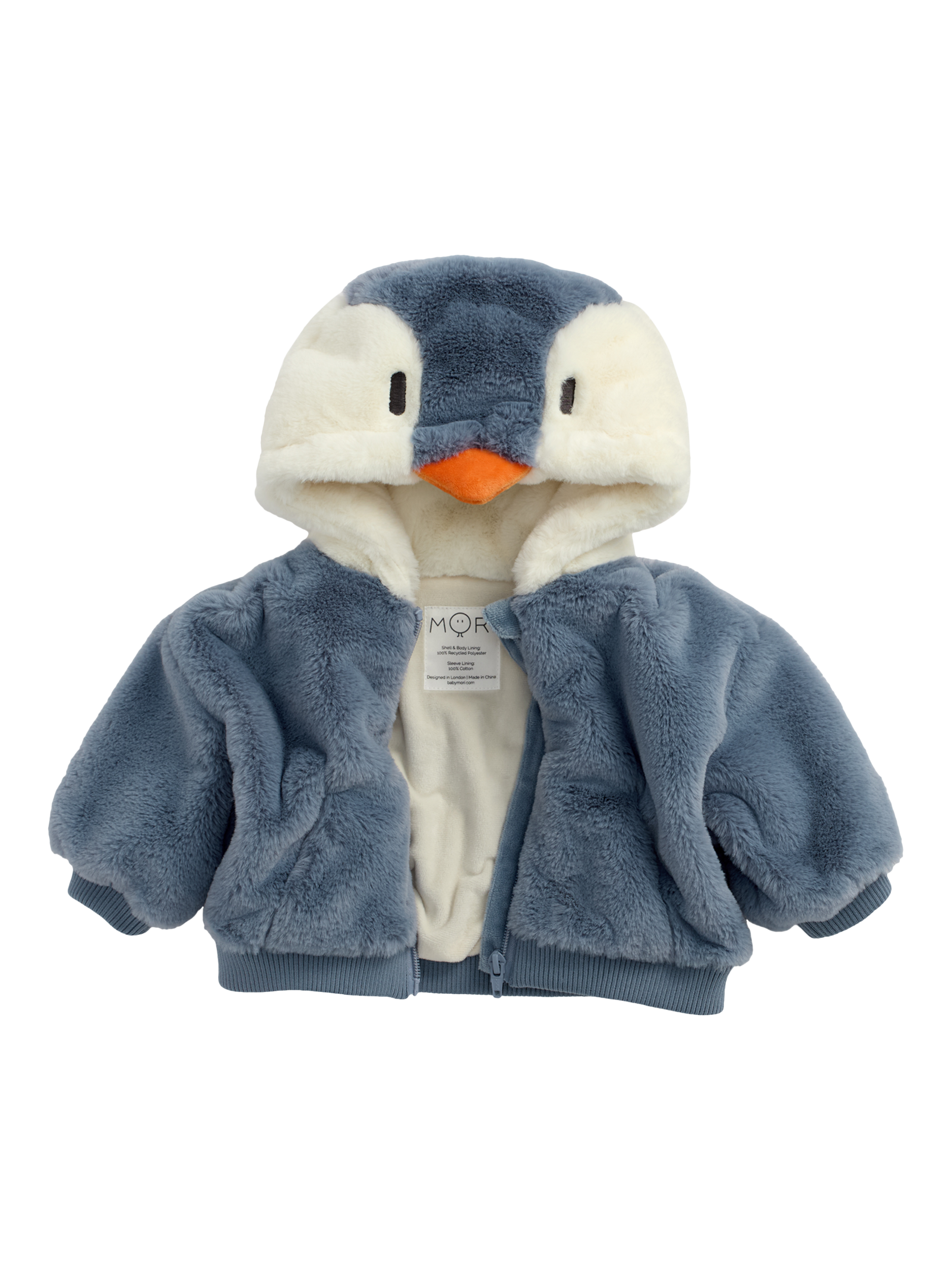 Product image 3 of 4, which shows MORI Baby Penguin Fur Jacket, Blue, 18-24 months