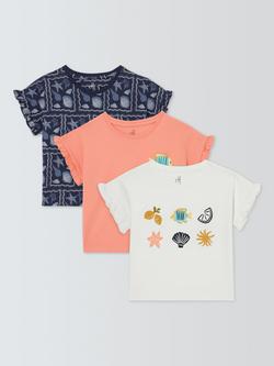 John Lewis Kids' Sealife Frill Sleeve T-Shirts, Pack of 3, Multi, Multi