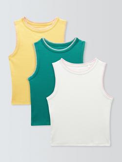 John Lewis Kids' Ribbed Contrast Stitch Vest Tops, Pack of 3, Green, Yellow, White, Red, Yellow, White