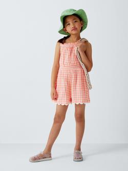 John Lewis Kids' Gingham Scallop Hem Playsuit, Pink, Red - view 2, Pink, Red
