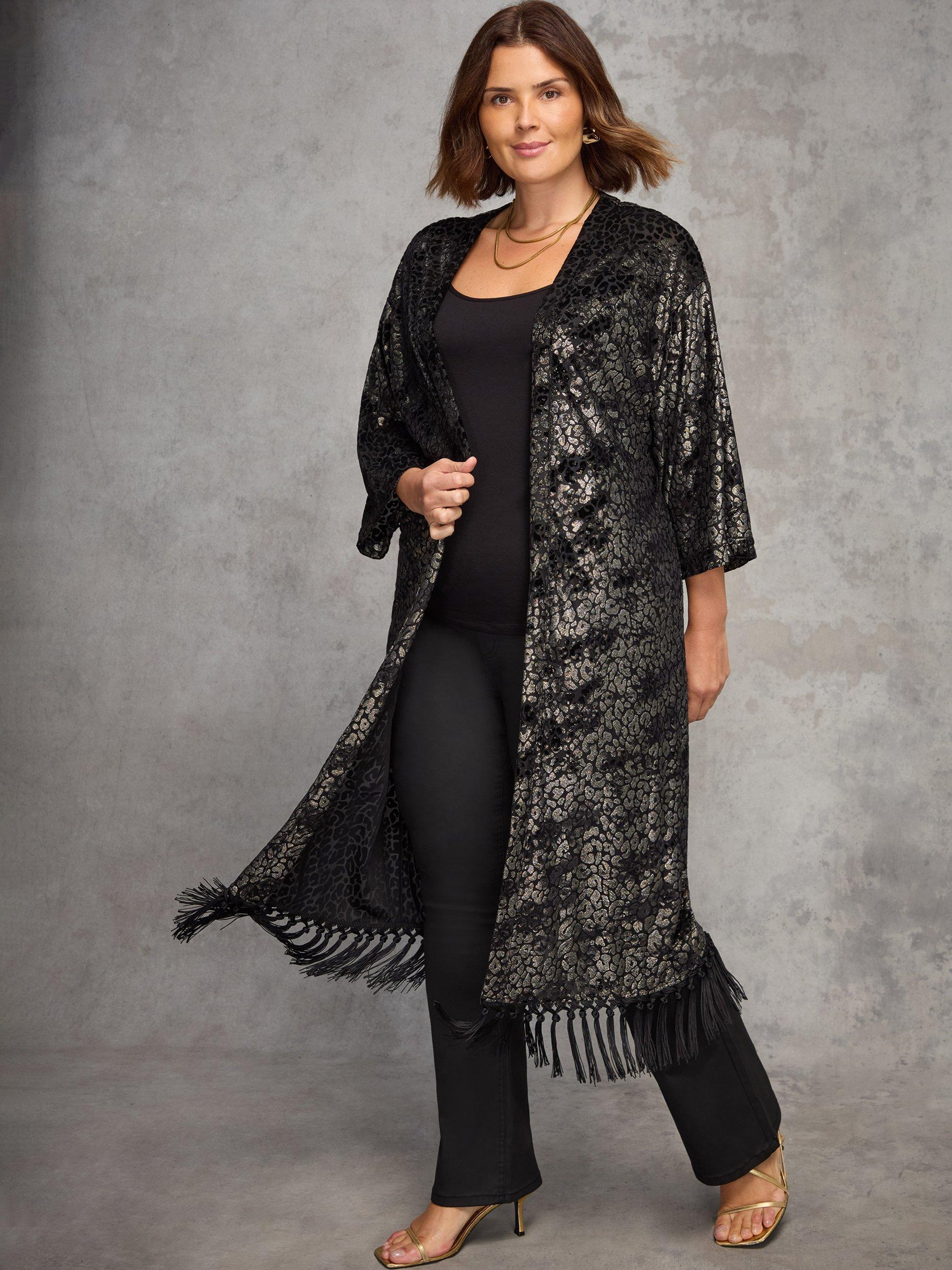 Product image 1 of 6, which shows Live Unlimited Curve Devore Longline Fringe Kimono, Black, 12