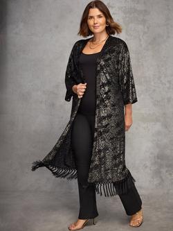 Live Unlimited Curve Devore Longline Fringe Kimono, Black, Black