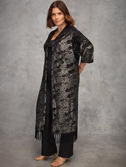 Live Unlimited Curve Devore Longline Fringe Kimono, Black - view 2, Black