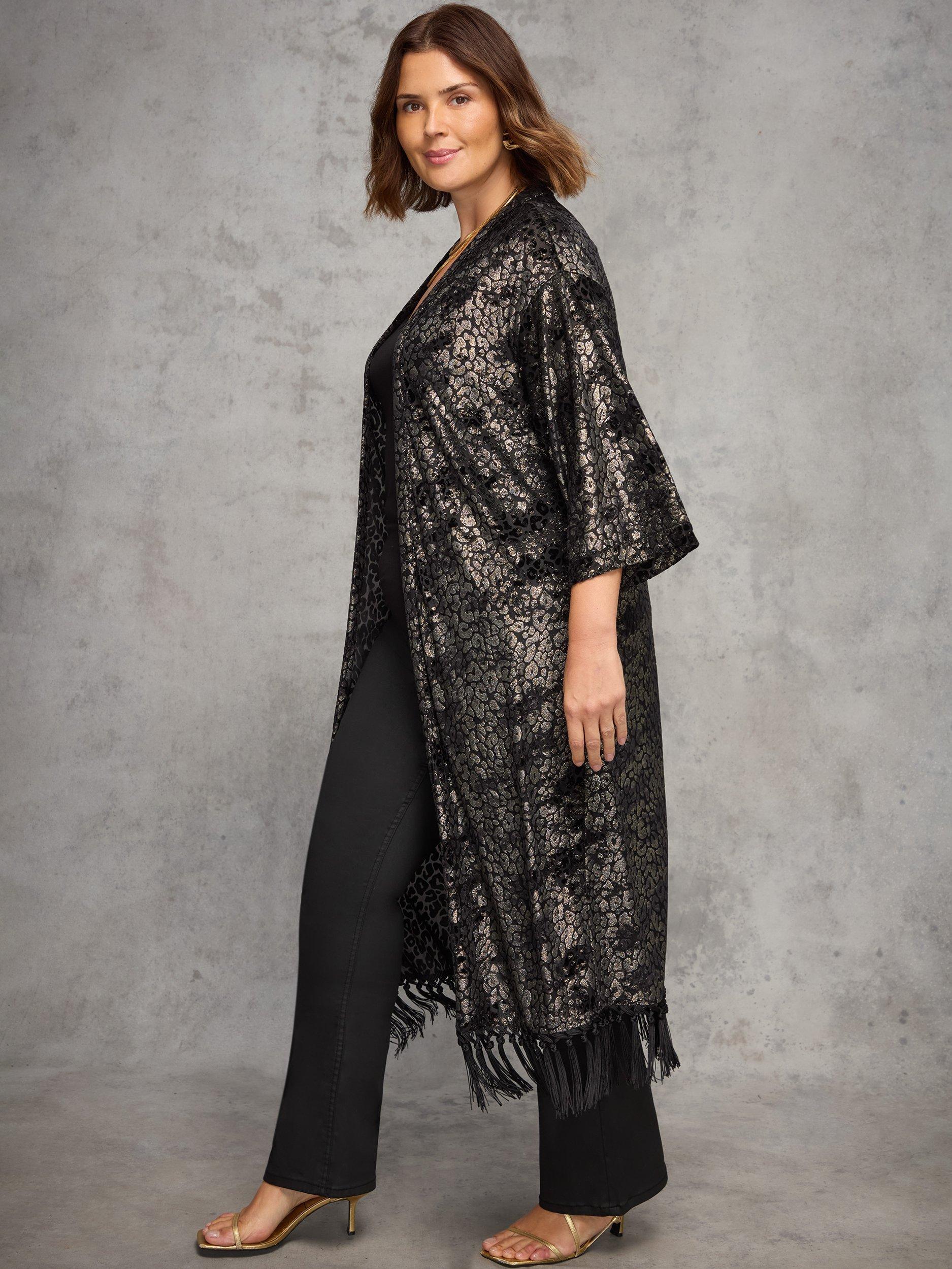 Product image 3 of 6, which shows Live Unlimited Curve Devore Longline Fringe Kimono, Black, 12