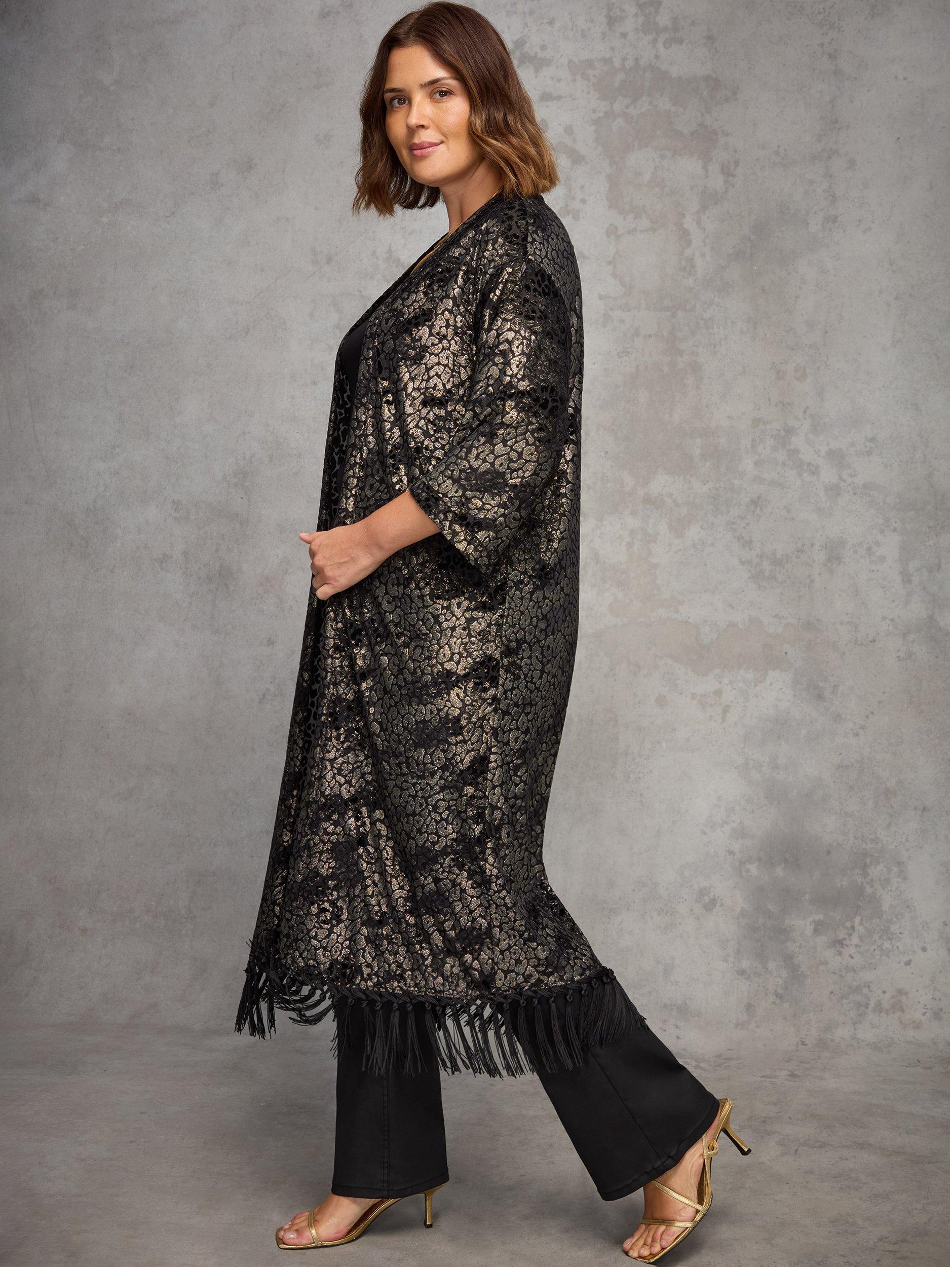 Product image 4 of 6, which shows Live Unlimited Curve Devore Longline Fringe Kimono, Black, 12