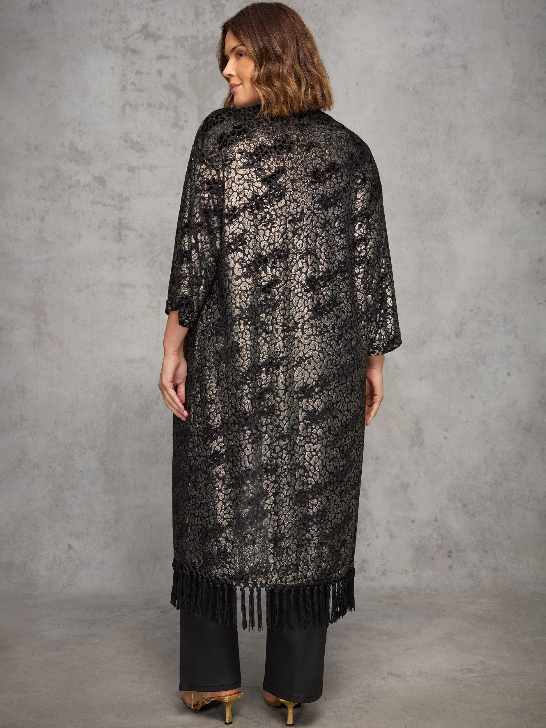 Product image 5 of 6, which shows Live Unlimited Curve Devore Longline Fringe Kimono, Black, 12