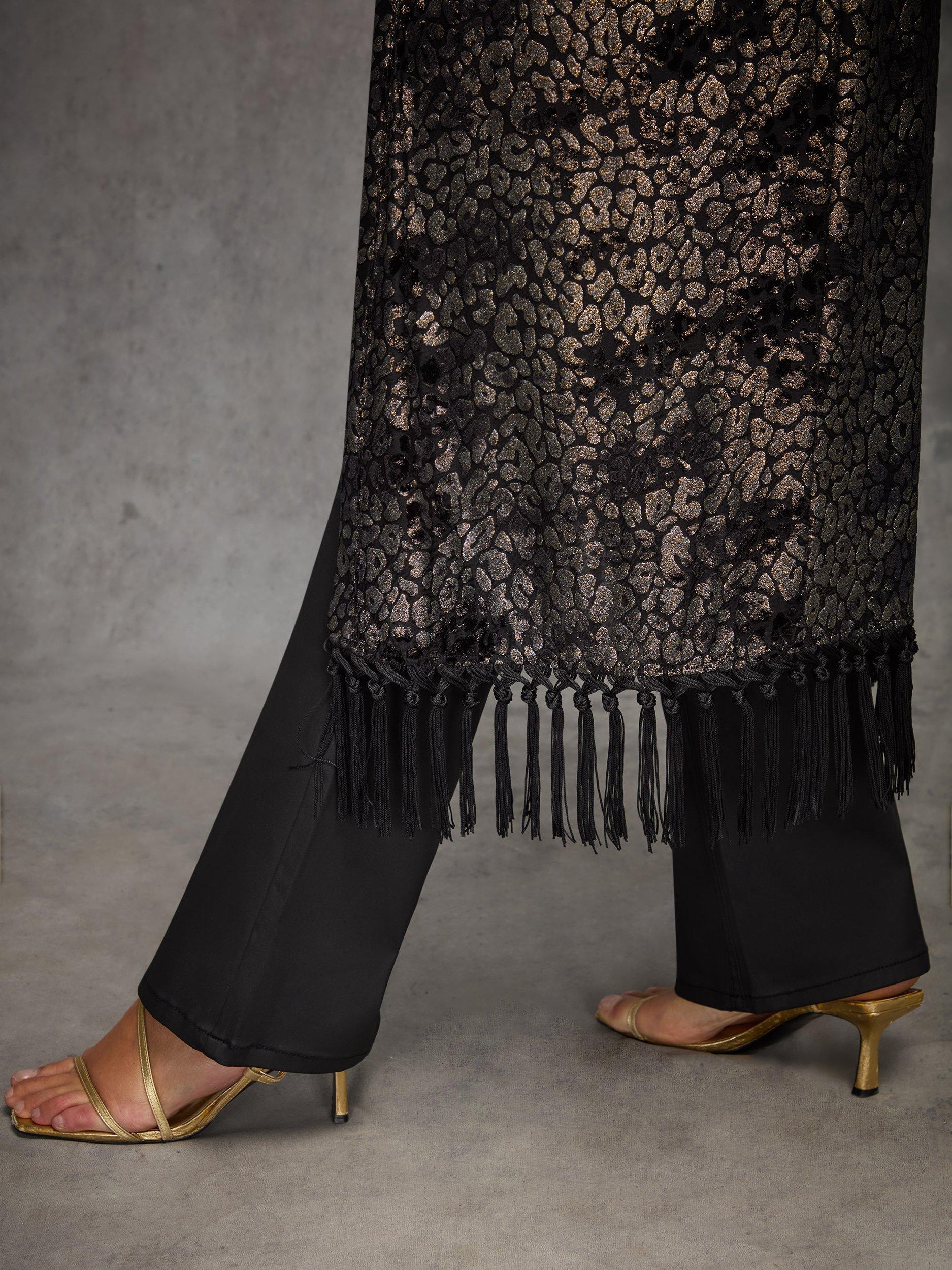 Product image 6 of 6, which shows Live Unlimited Curve Devore Longline Fringe Kimono, Black, 12