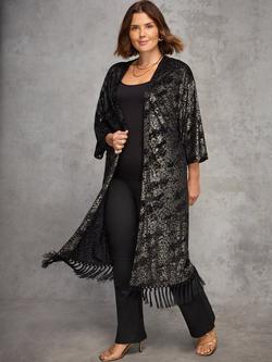 Live Unlimited Curve Devore Fringe Longline Kimono, Black, Black