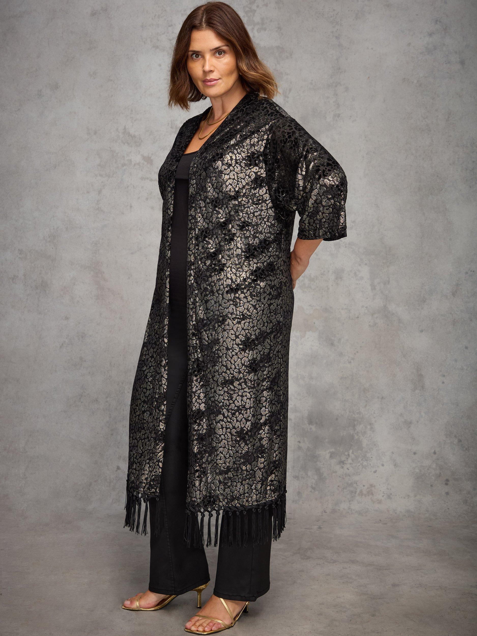 Product image 2 of 6, which shows Live Unlimited Curve Devore Fringe Longline Kimono, Black, 14-16