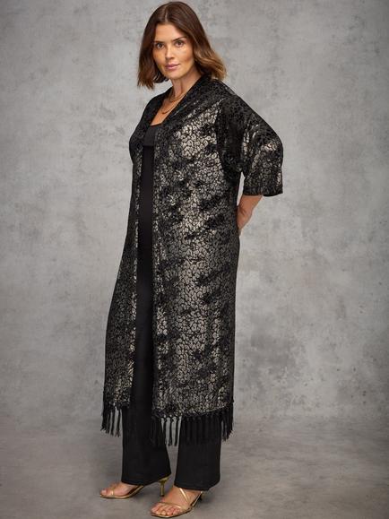 Live Unlimited Curve Devore Fringe Longline Kimono, Black - view 2, Black