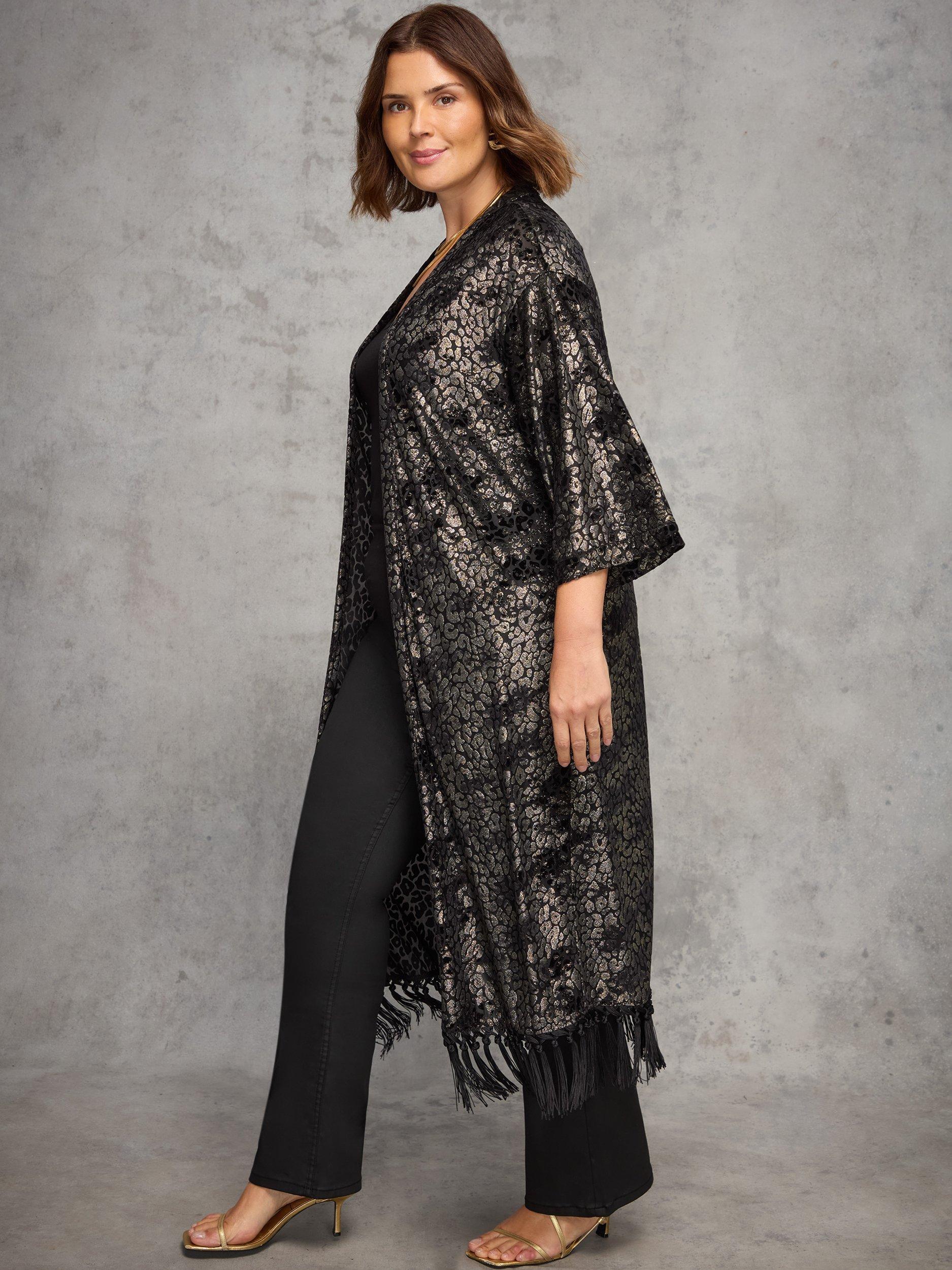 Product image 3 of 6, which shows Live Unlimited Curve Devore Fringe Longline Kimono, Black, 14-16