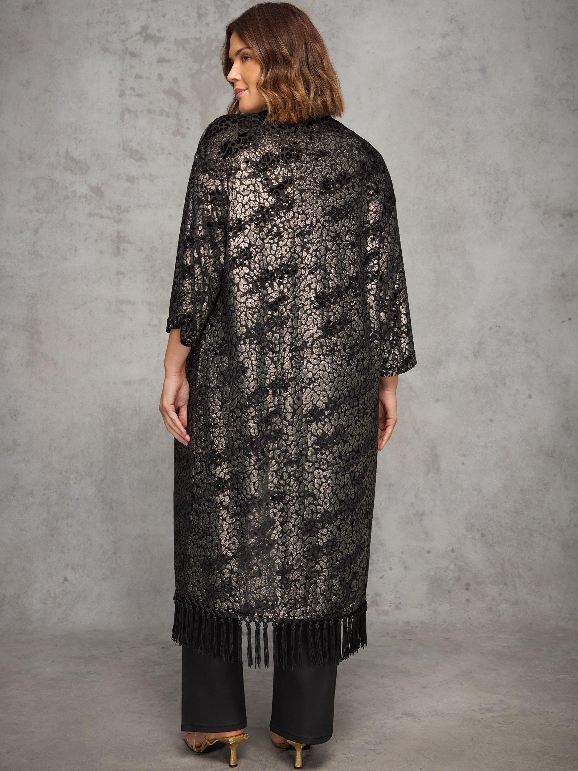 Product image 5 of 6, which shows Live Unlimited Curve Devore Fringe Longline Kimono, Black, 14-16