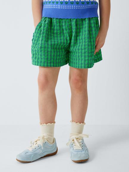John Lewis Kids' Pull On Seersucker Gingham Shorts, Green, Green