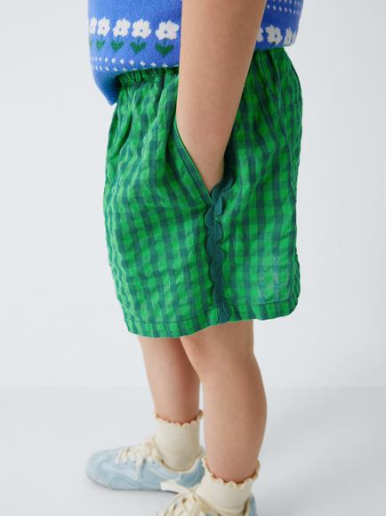 John Lewis Kids' Pull On Seersucker Gingham Shorts, Green - view 2, Green