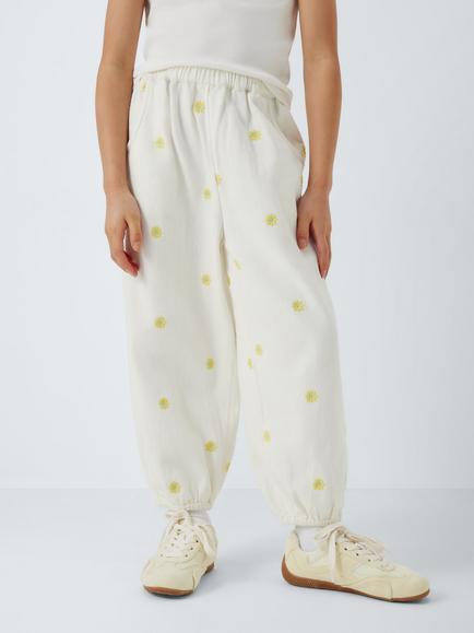 John Lewis Kids' Embroidered Floral Twill Trousers, Yellow, White, Yellow, White