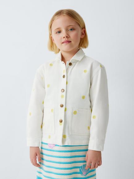 John Lewis Kids' Embroidered Floral Twill Shacket, White, Yellow, White, Yellow