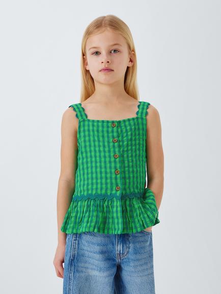 John Lewis Kids' Gingham Frill Hem Top, Green, Green
