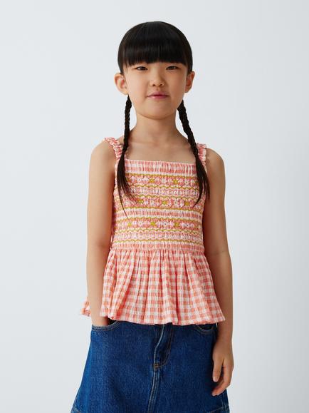 John Lewis Kids' Gingham Peplum Hem Top, Pink, Pink