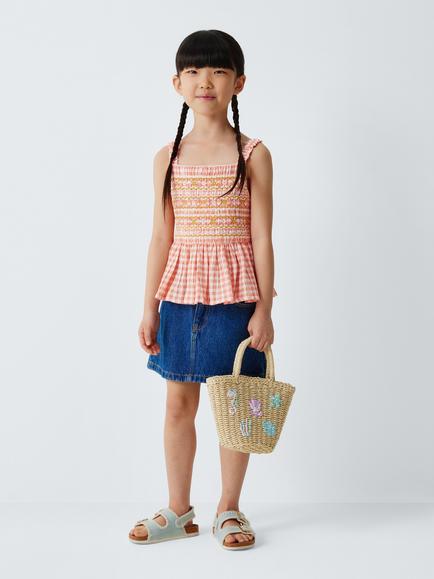John Lewis Kids' Gingham Peplum Hem Top, Pink - view 2, Pink