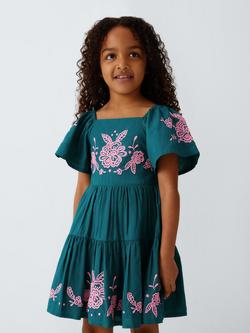 John Lewis Kids' Embroidered Floral Tiered Dress, Green, Green
