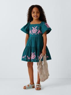 John Lewis Kids' Embroidered Floral Tiered Dress, Green - view 2, Green