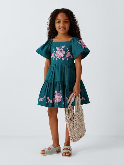 John Lewis Kids' Embroidered Floral Tiered Dress, Green - view 2, Green