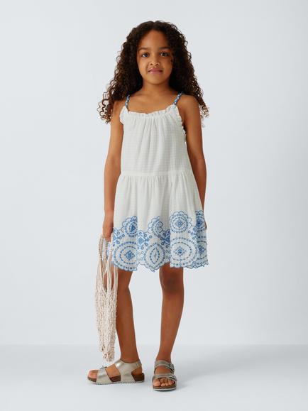 John Lewis Kids' Embroidered Floral Sun Dress, Cream, Navy - view 2, Cream, Navy