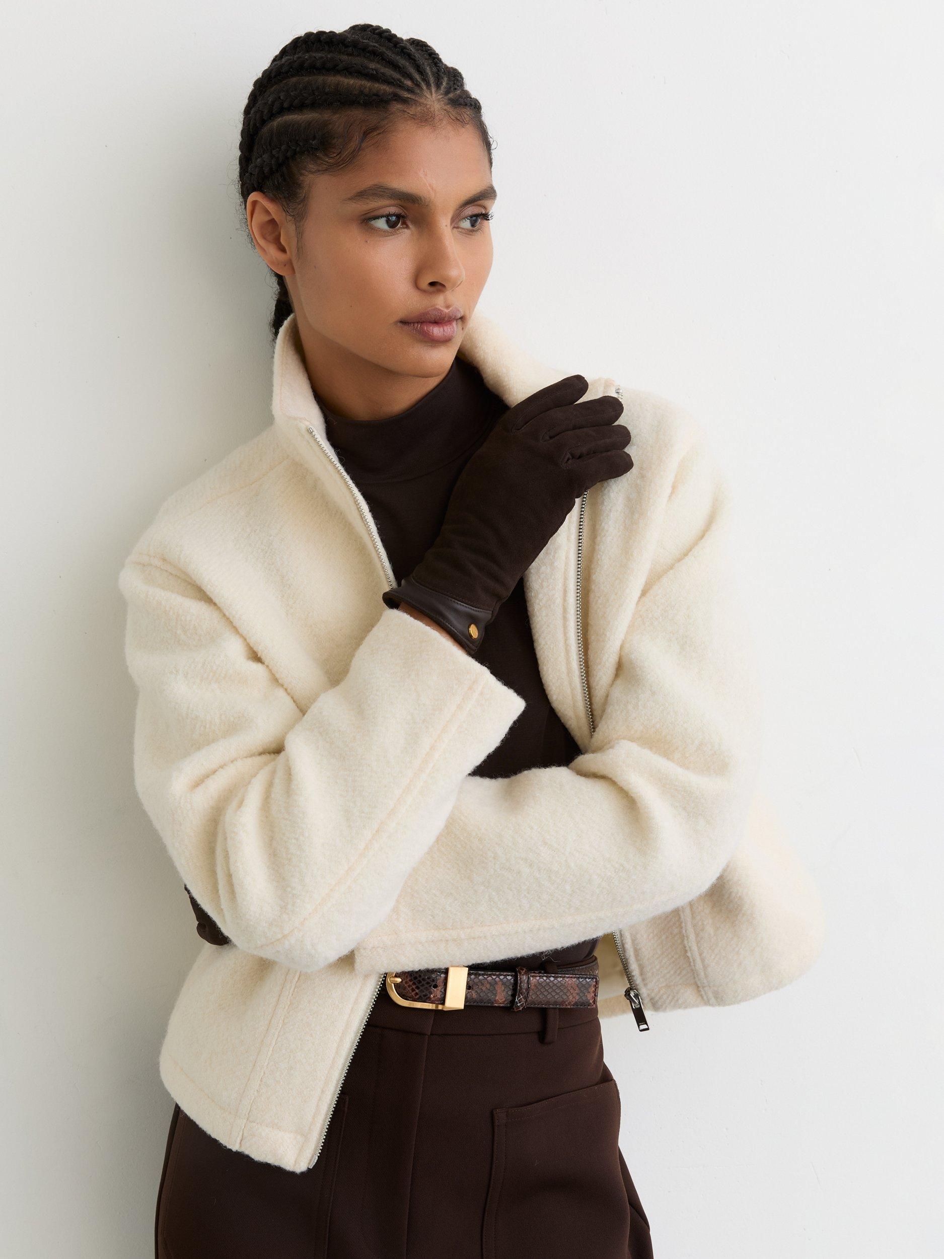 Product image 2 of 3, which shows Reiss Claudia Pure Suede Gloves, Chocolate, S-M