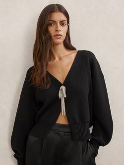 Reiss Beau Wool Blend Crystal Bow Cardigan, Black, Black