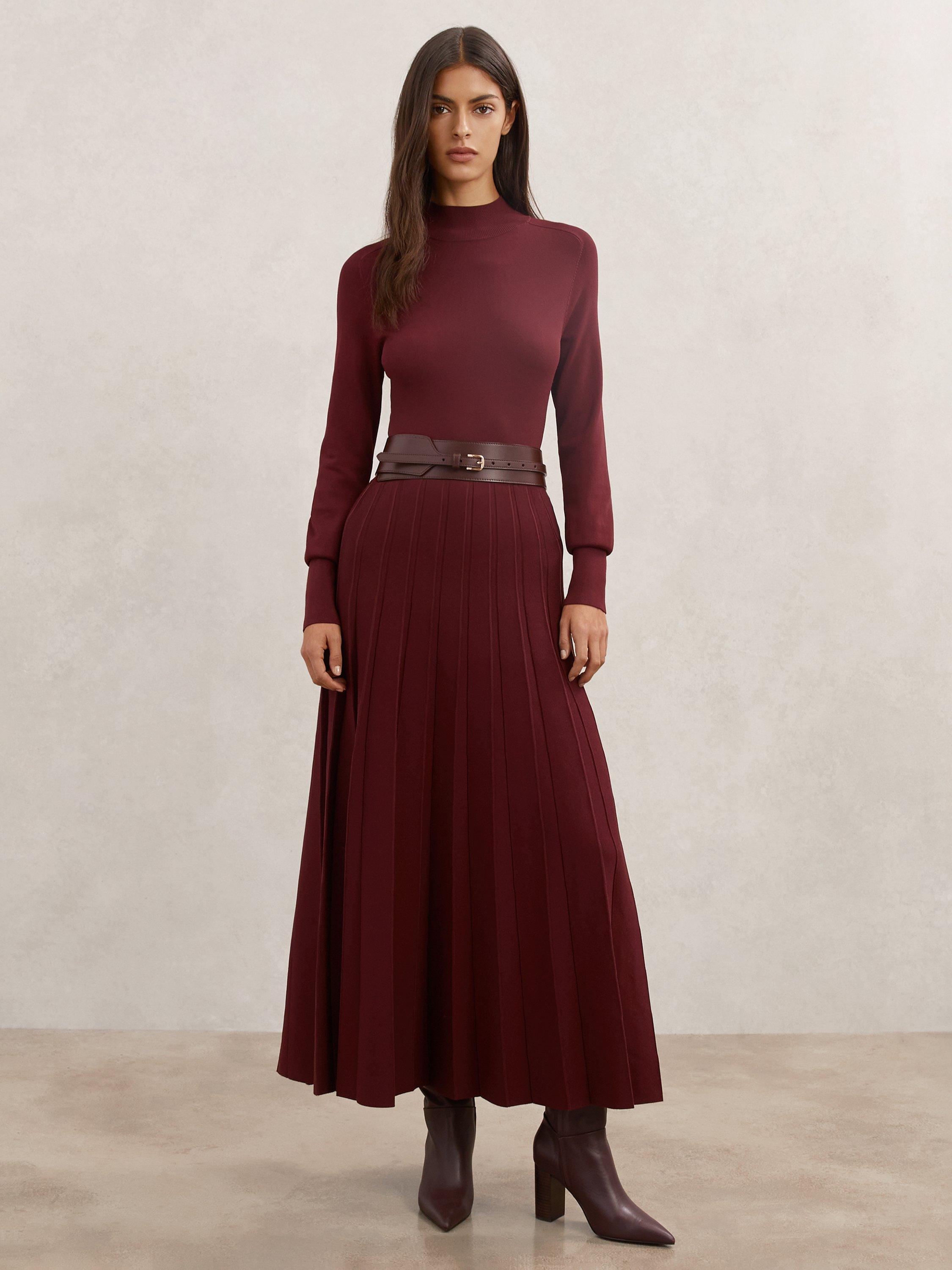 Reiss Alicia Leather Belt Knit Pleated Midi Dress, Raspberry Red