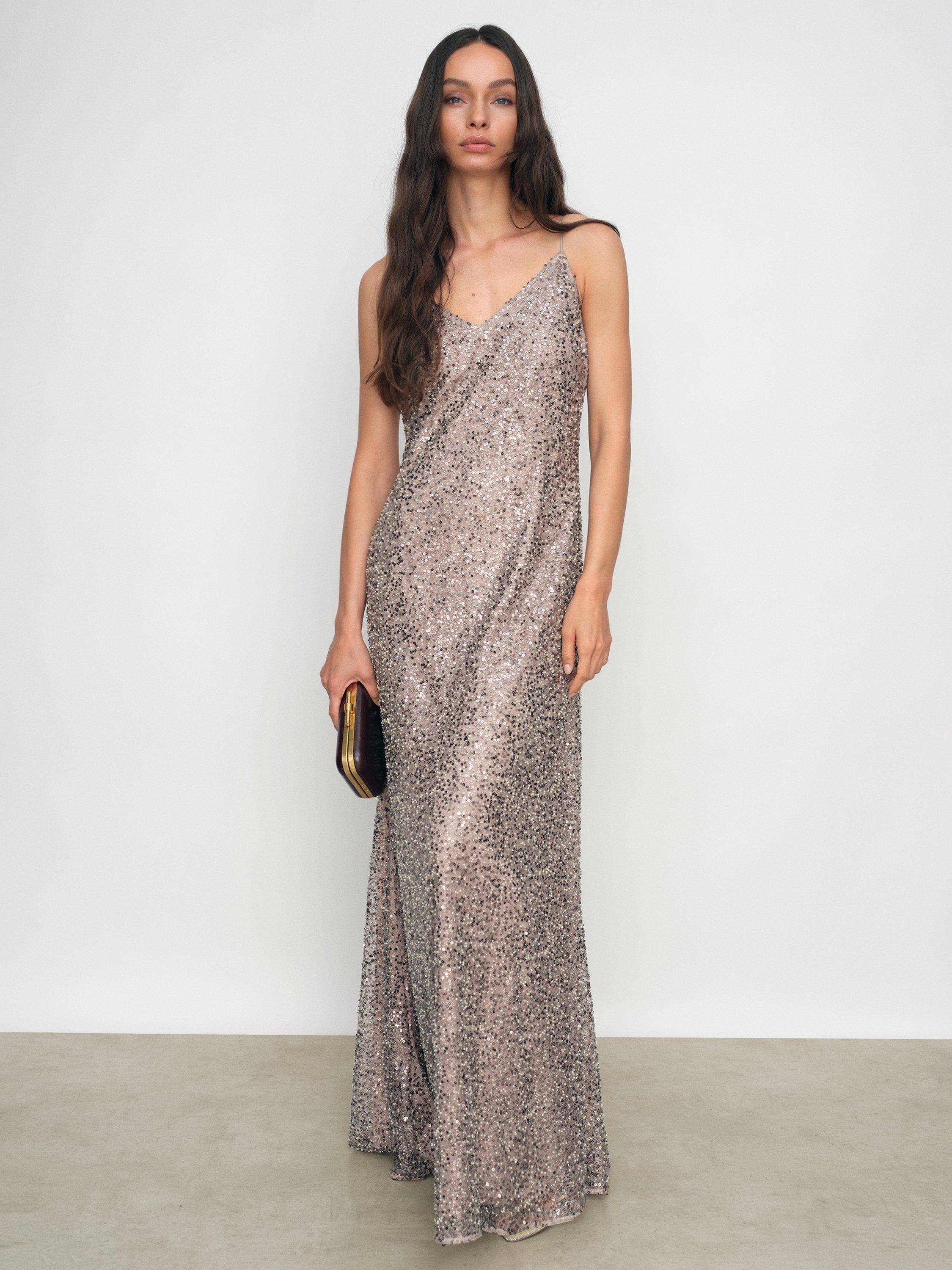 Product image 1 of 5, which shows Reiss Faye Sequin Maxi Slip Dress, Silver, 8