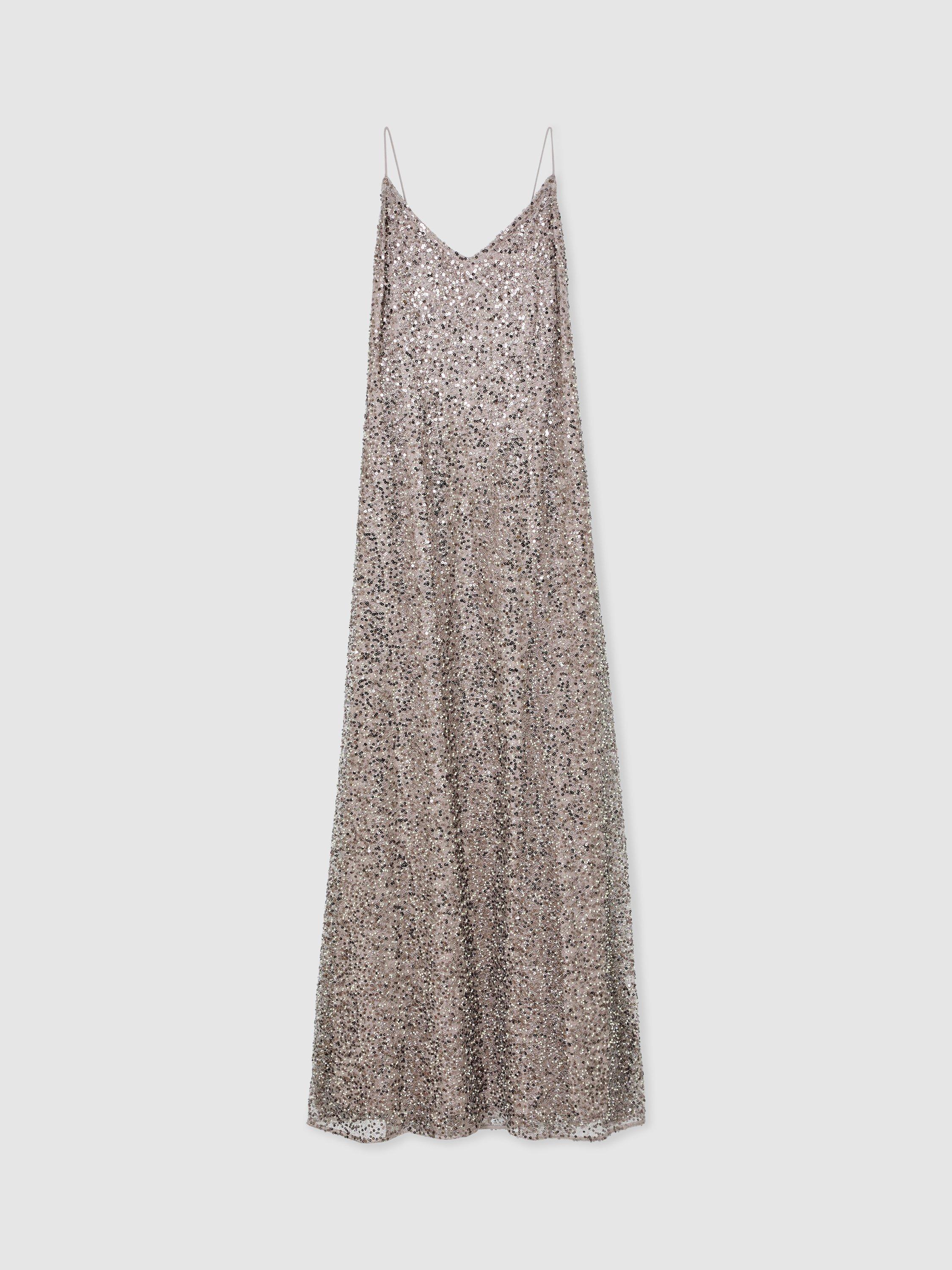 Product image 3 of 5, which shows Reiss Faye Sequin Maxi Slip Dress, Silver, 8