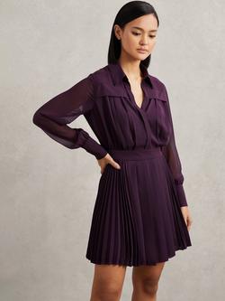 Reiss Giselle Pleat Flippy Mini Dress, Burgundy, Burgundy