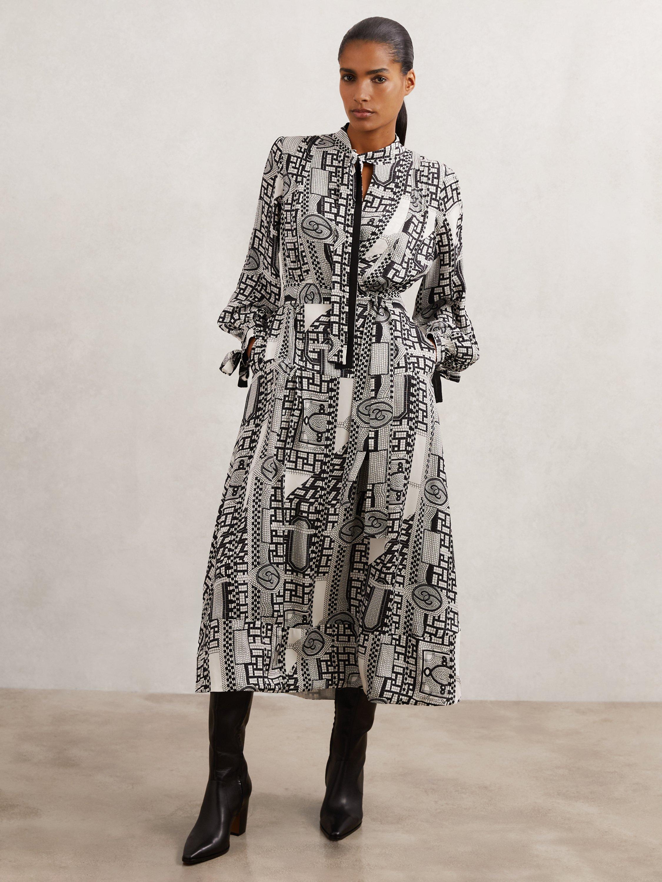 Product image 1 of 5, which shows Reiss Marie Geometric Wrap Drape Dress, Black/Ivory, 6