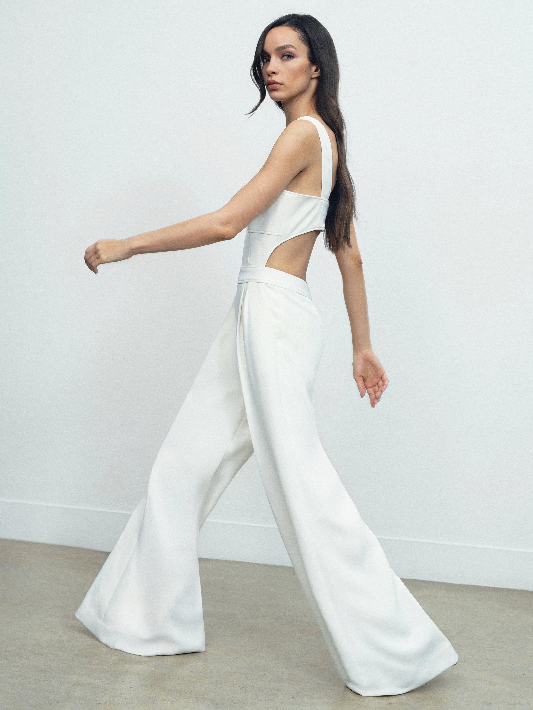 Product image 1 of 5, which shows Reiss Dion Tailored Wide Leg Jumpsuit, Ivory, 12