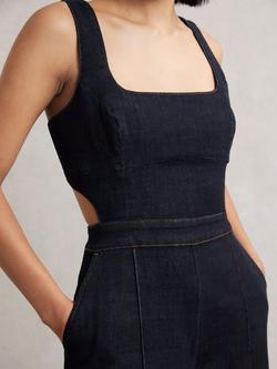 Reiss Dionna Wide Leg Cut-Out Denim Jumpsuit, Dark Blue - view 2, Dark Blue
