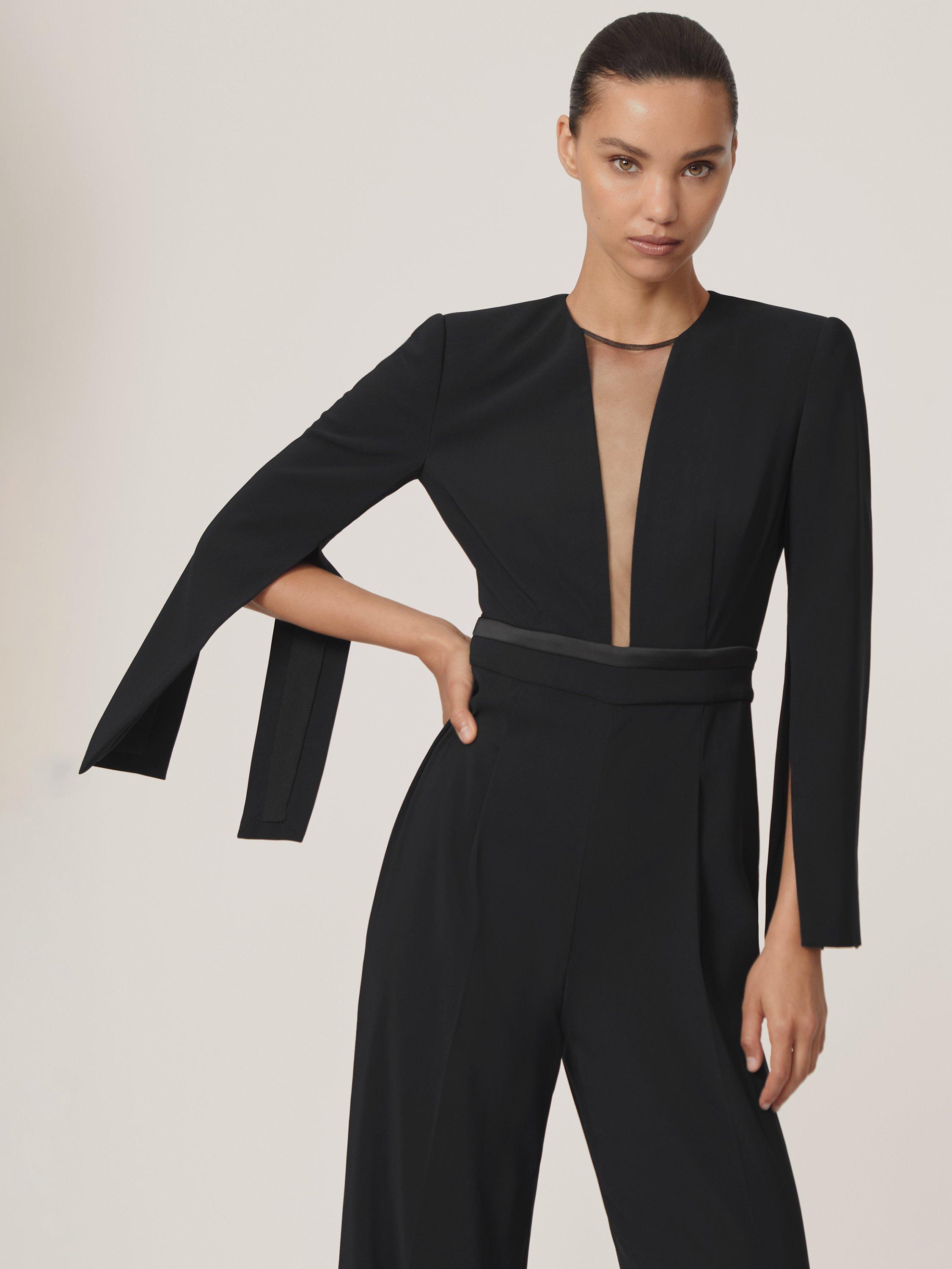 Product image 1 of 5, which shows Reiss Evora Plunge Neck Split Sleeve Jumpsuit, Black, 6