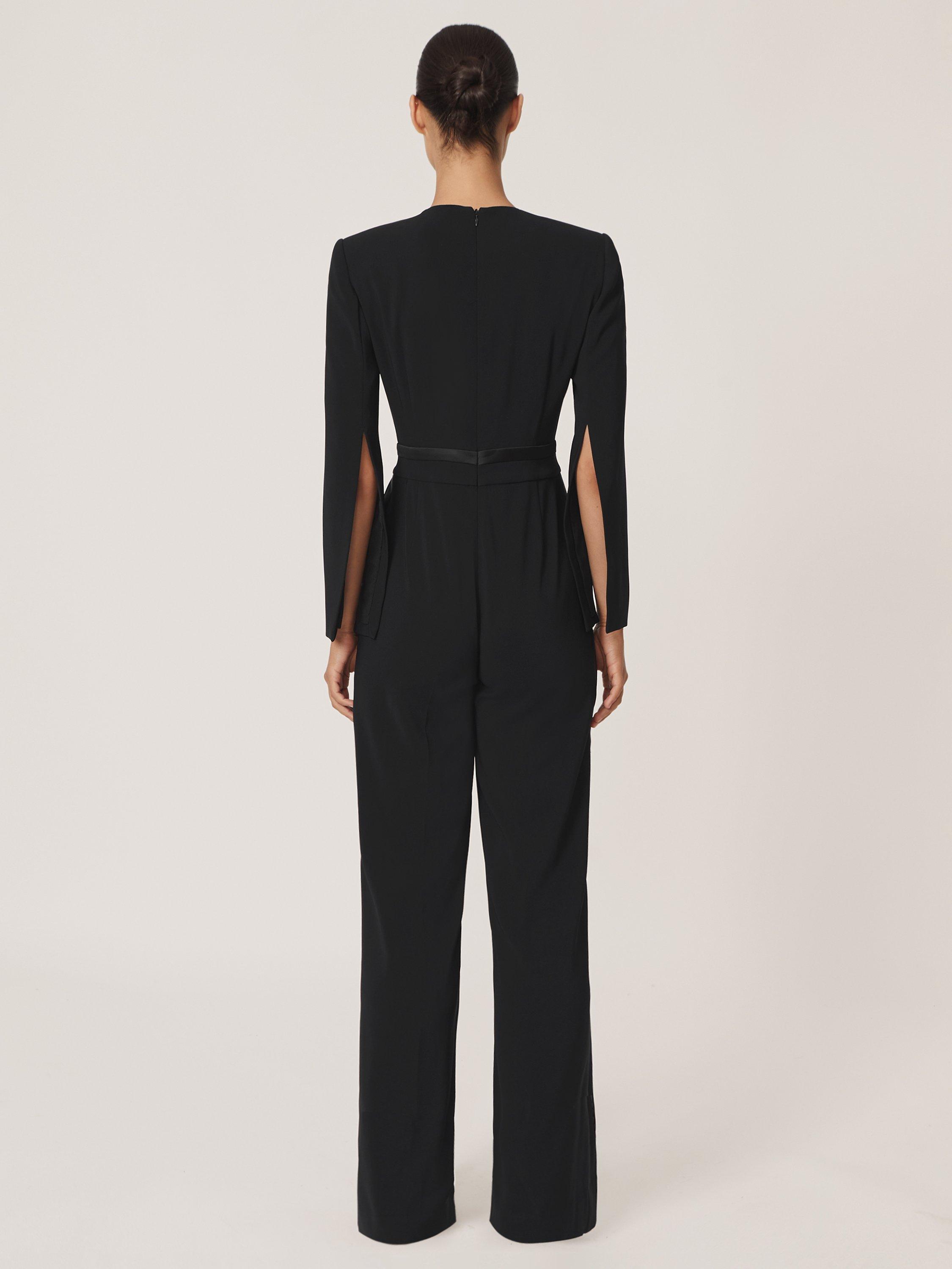 Product image 5 of 5, which shows Reiss Evora Plunge Neck Split Sleeve Jumpsuit, Black, 6