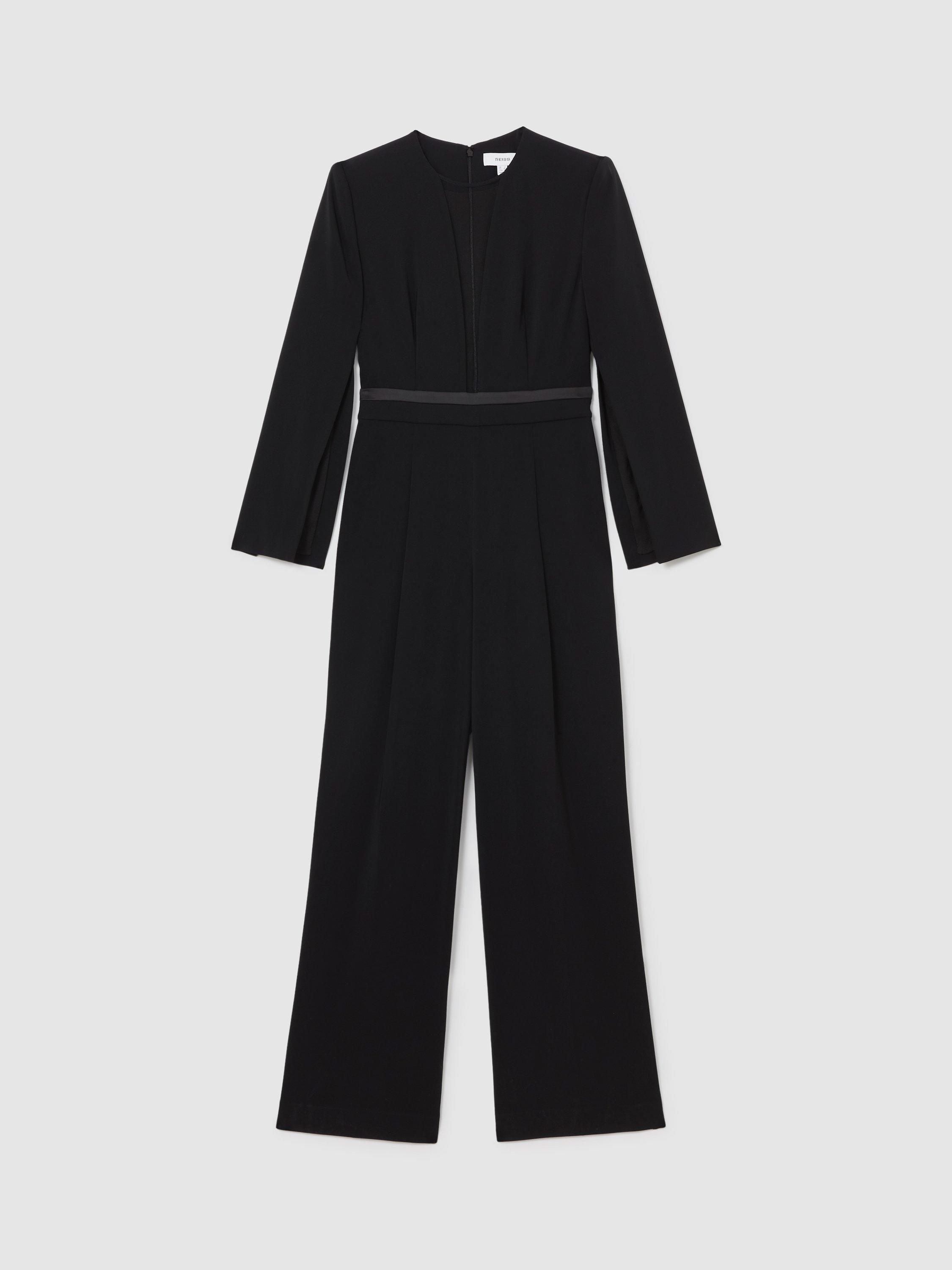 Product image 3 of 5, which shows Reiss Petite Evora Plunge Neck Split Sleeve Jumpsuit, Black, 6Pt