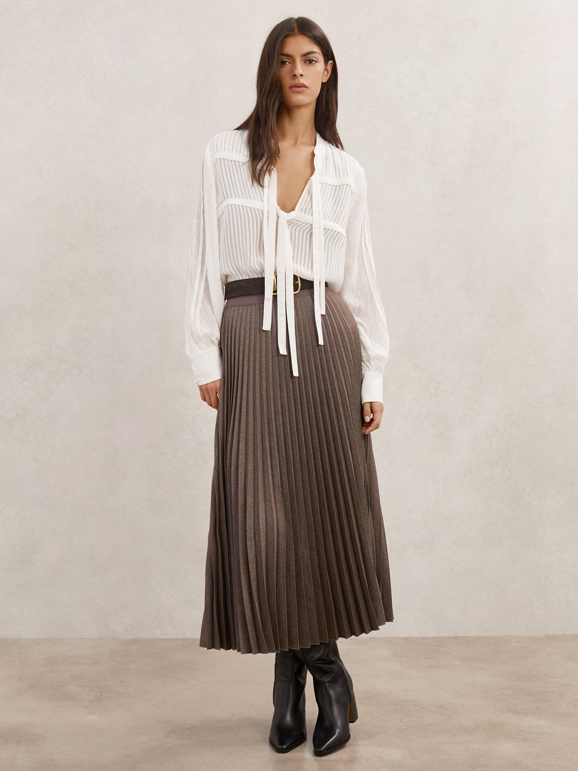Product image 2 of 5, which shows Reiss Kember Pleated A-Line Midi Skirt, Mocha Brown, 12