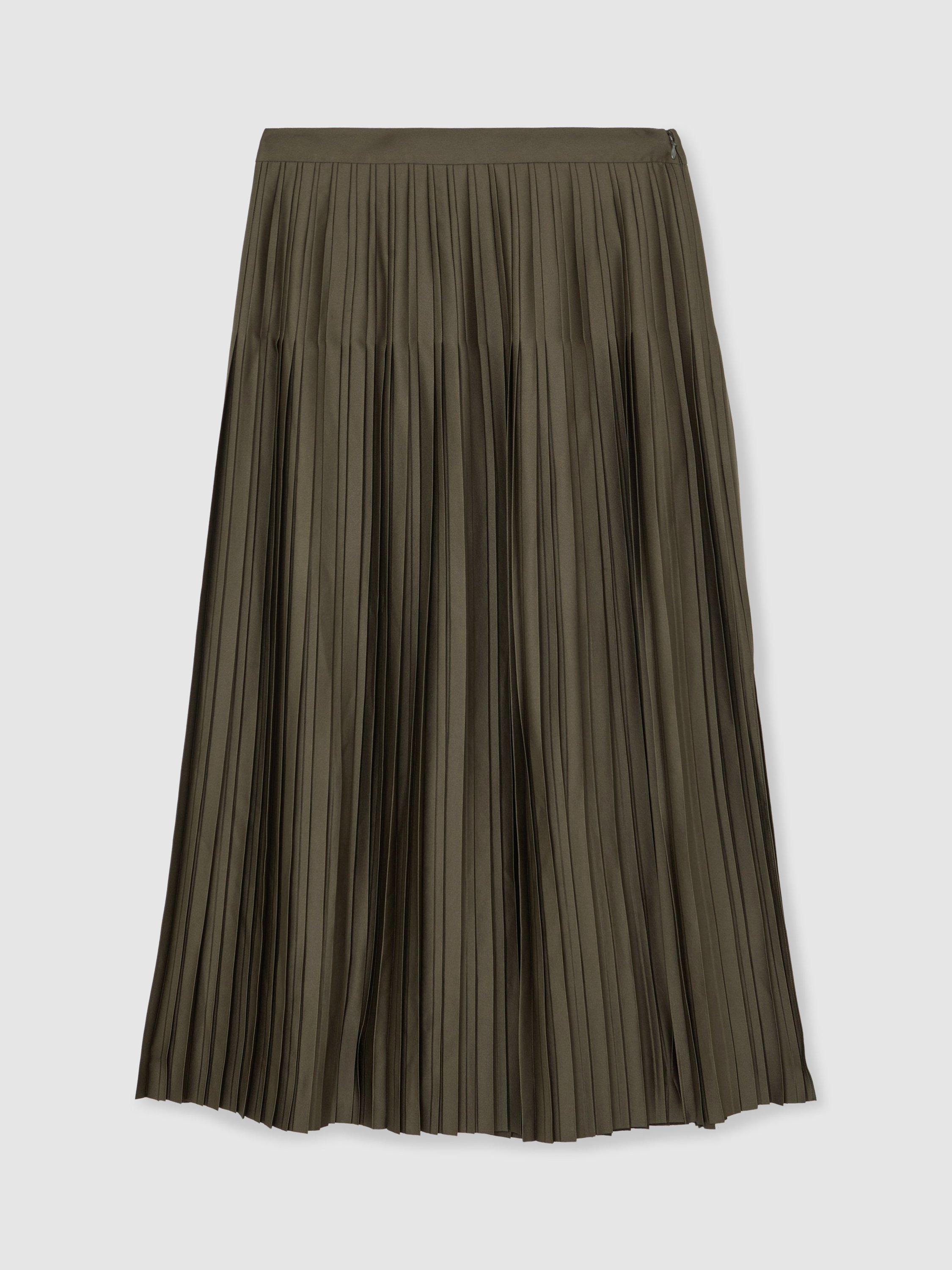 Product image 3 of 5, which shows Reiss Savannah Pleated Midi Skirt, Khaki Green, 12