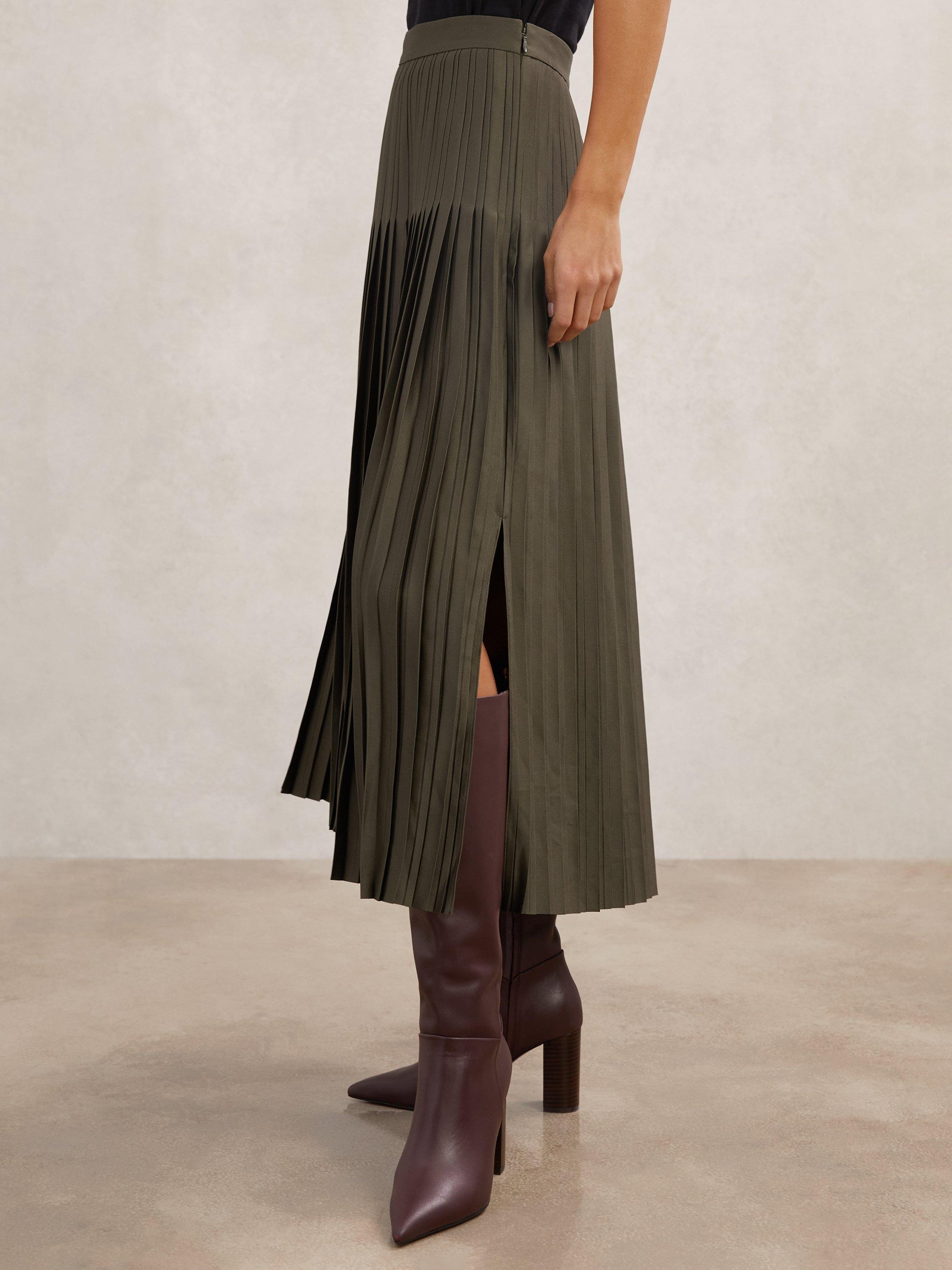 Product image 4 of 5, which shows Reiss Savannah Pleated Midi Skirt, Khaki Green, 12