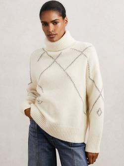 Reiss Cookie Wool Blend Roll Neck Argyle Jumper, Cream/Taupe Brown, Cream/Taupe Brown
