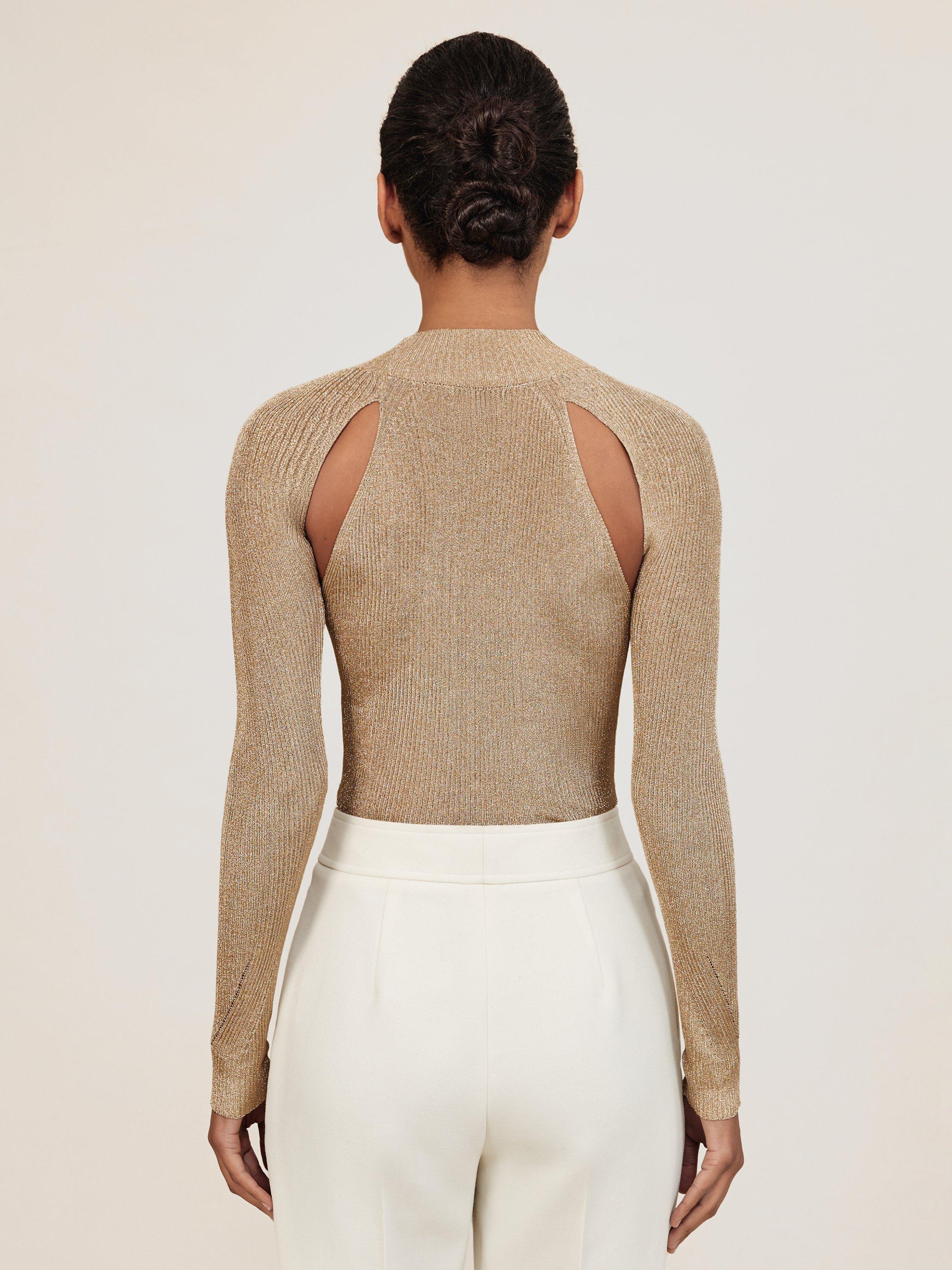 Product image 3 of 4, which shows Reiss Amaya Metallic Cut Out Top, Gold, S