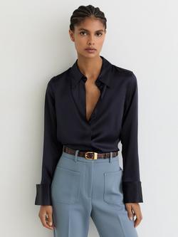 Reiss Ameira Pure Silk Satin Shirt, Navy, Navy