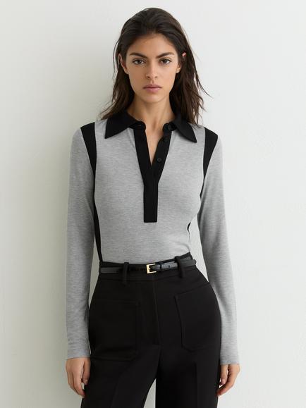 Reiss Denise Colourblock Polo Shirt, Grey Marl/Black, Grey Marl/Black
