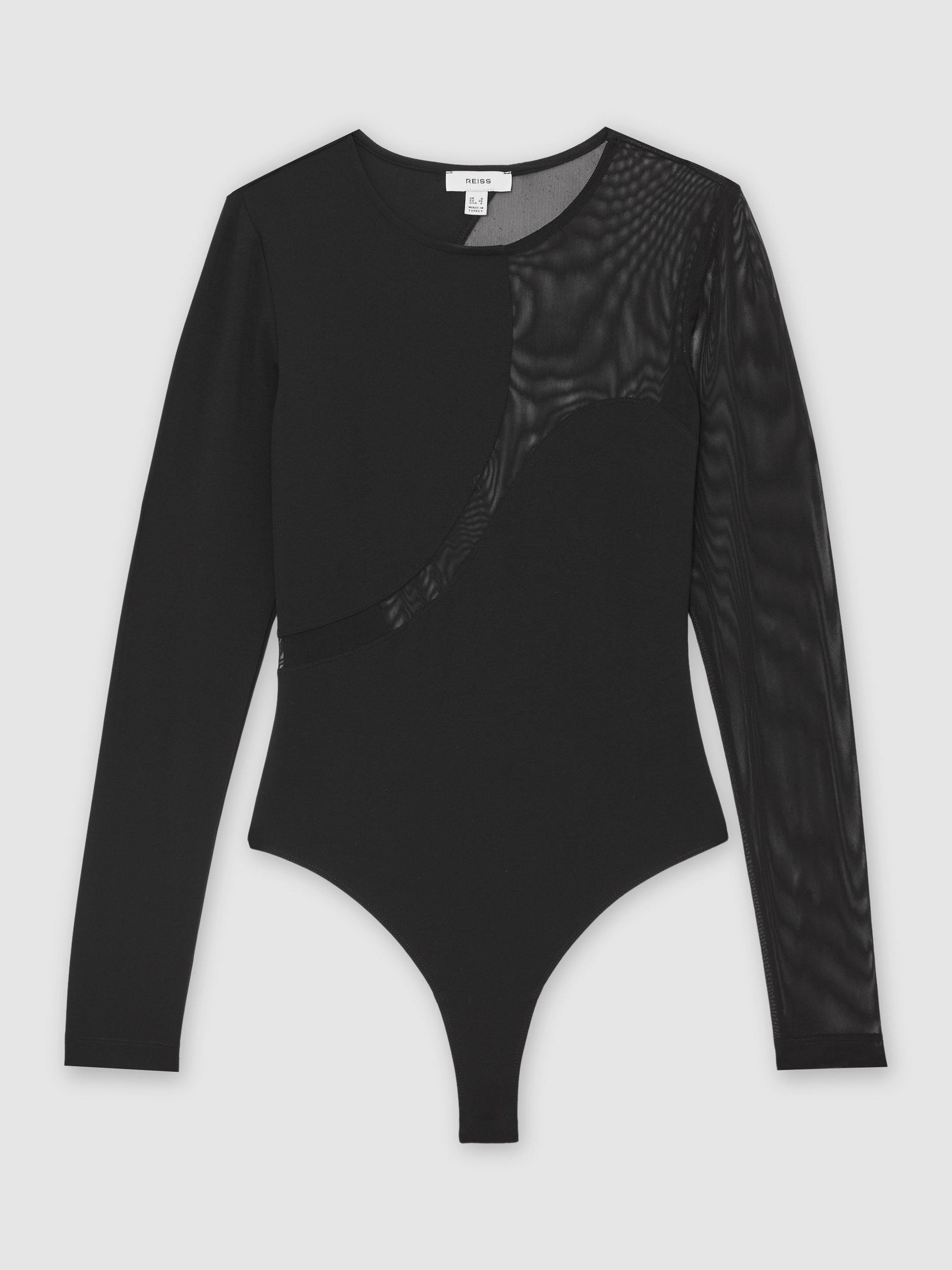 Product image 3 of 5, which shows Reiss Evie Mesh Panel Bodysuit, Black, 12