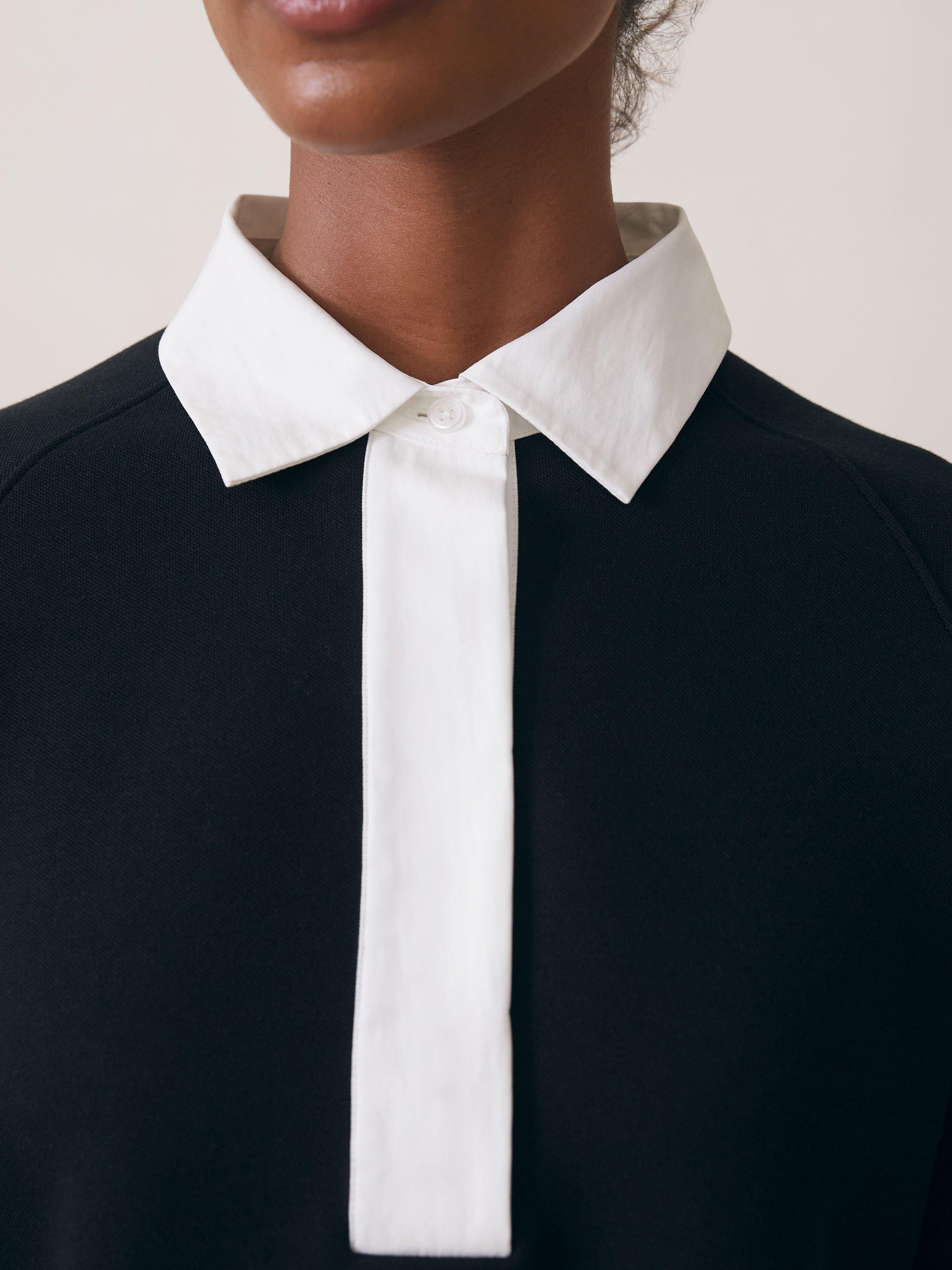 Product image 5 of 5, which shows Reiss Gaia Interlock Contrast Collar Jersey Top, Black/White, XS