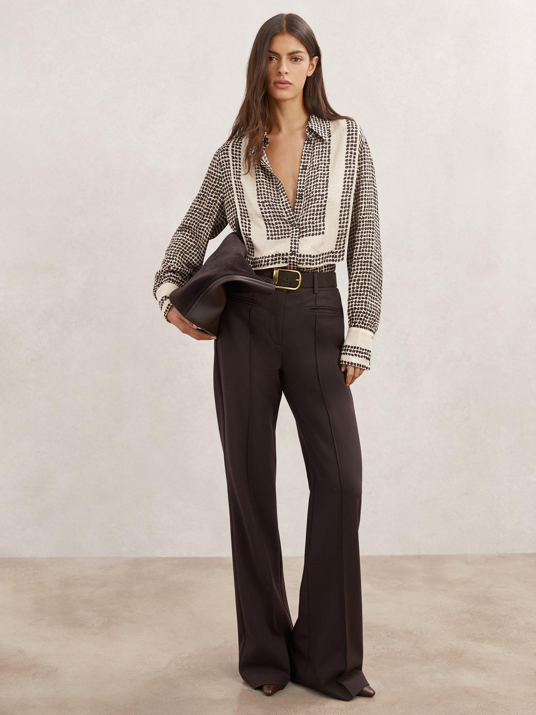 Product image 1 of 5, which shows Reiss Harper Tile Print Bib Shirt, Ivory/Black, 8